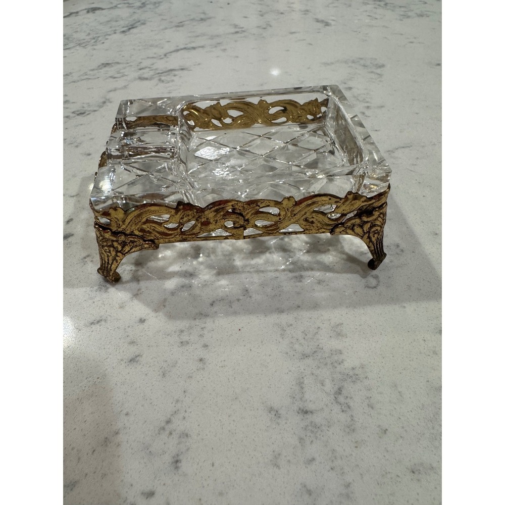Vintage Crystal Ashtray in Ornate Gold Brass Filigree Footed Stand Hollywood Reg